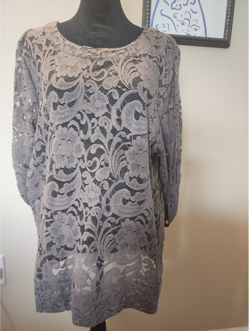 Chico's Allegra Lace Popover Top, 3/4 Sleeve, Size 3, Texas Taupe